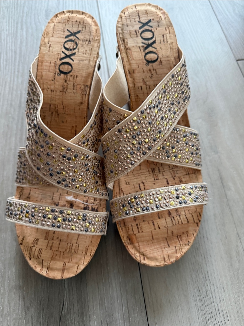 XOXO Beige Crystal-Embellished Cork Slide Mules